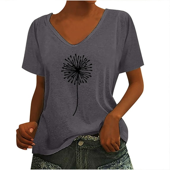 Summer Savings! Zpanxa Womens Dandelion Graphic T Shirt Casual V-Neck Short Sleeve Print Pullover Tops Loose Comfy Vintage Tee Shirts Dark Gray XXL
