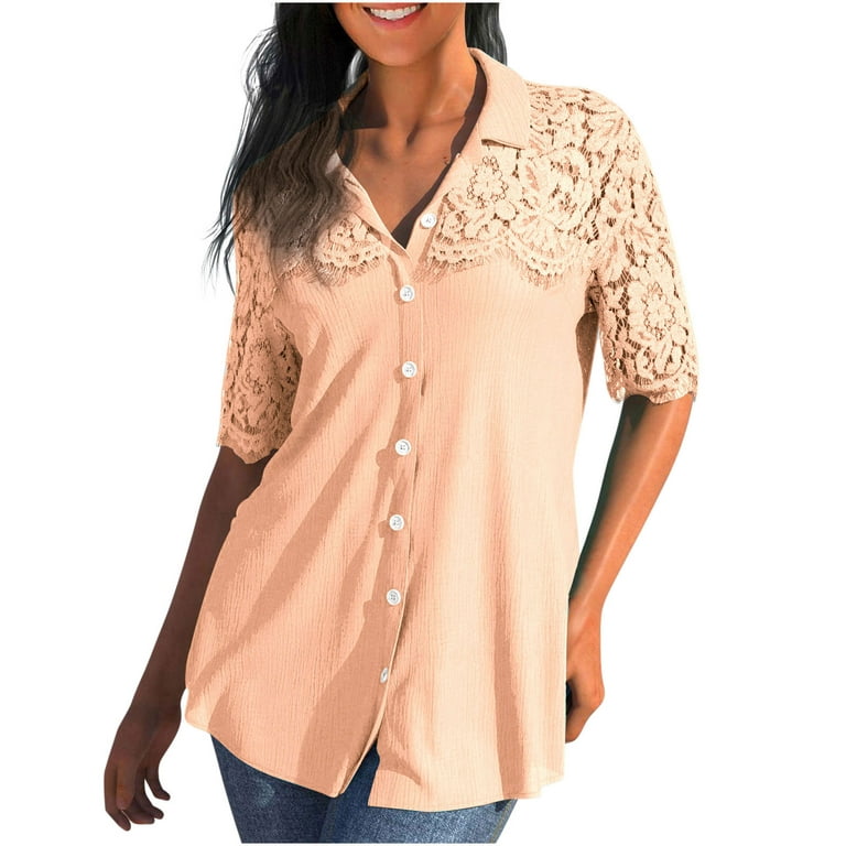 Summer Savings! Zpanxa Womens Summer Tops Solid Lace Patchwork Print V-Neck  Short Sleeve Blouse Tops with Button Casual Trendy Shirts Tops Orange L 