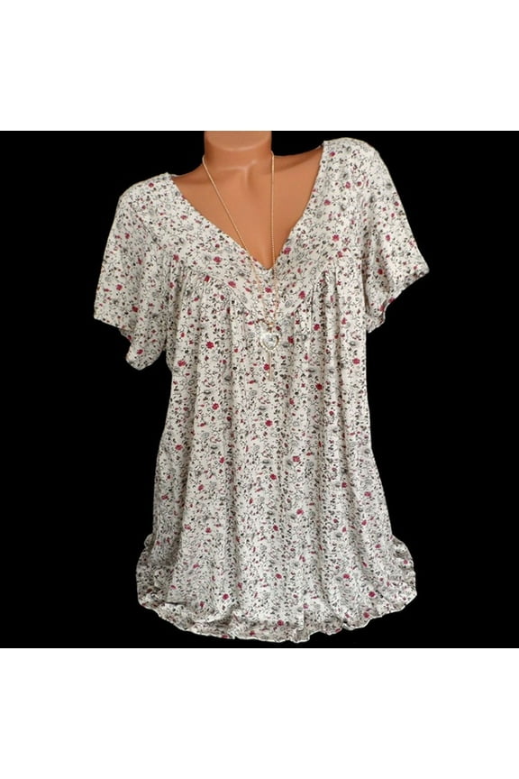 Womens T Shirts,Plus Size Short Sleeves v-Neck Floral Print Blouse Pullover Shirt,Shirred Boho Blouses,Summer Tops for Women Teen Girls White 3XL