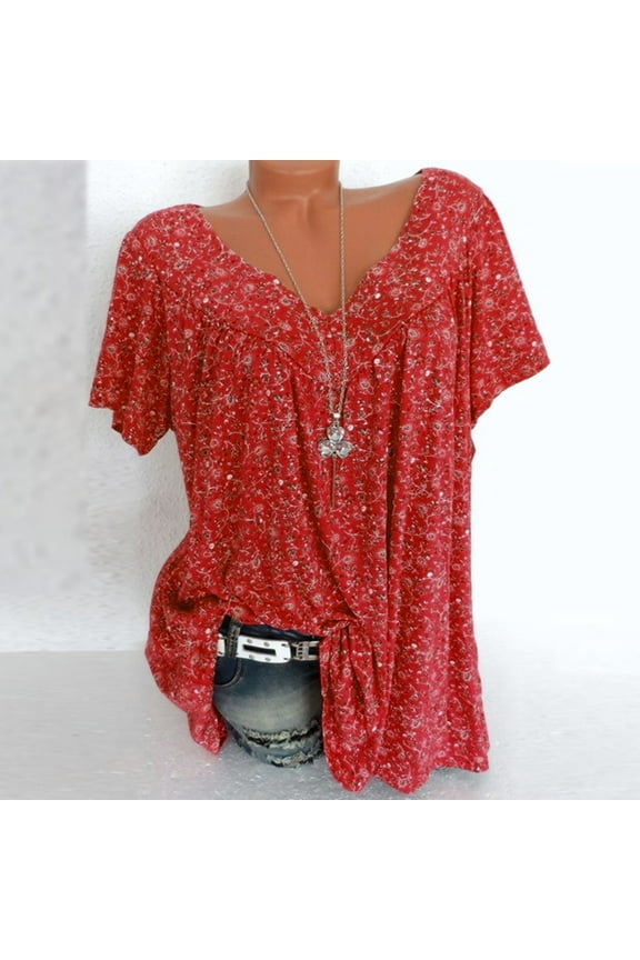 Womens T Shirts,Plus Size Short Sleeves v-Neck Floral Print Blouse Pullover Shirt,Shirred Boho Blouses,Summer Tops for Women Teen Girls Red L