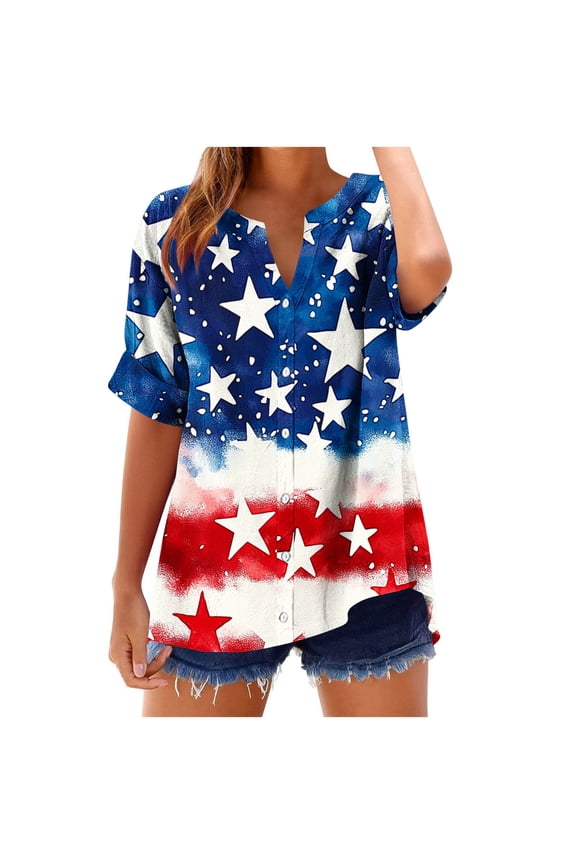 4th of July Shirts Women Summer Casual Button V Neck Short Sleeve Tops USA Flag Print Patriotic T-shirts Graphic Tees