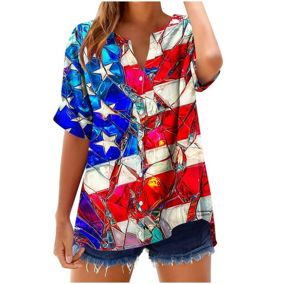 cocolona 4th of July Shirts Women Summer Casual Button V Neck Short Sleeve Tops USA Flag Print Patriotic T-shirts Graphic Tees