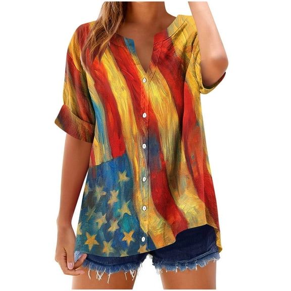 cocolona 4th of July Shirts Women Summer Casual Button V Neck Short Sleeve Tops USA Flag Print Patriotic T-shirts Graphic Tees