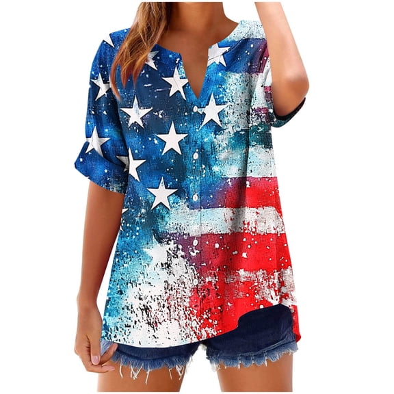 cocolona 4th of July Shirts Women Summer Casual Button V Neck Short Sleeve Tops USA Flag Print Patriotic T-shirts Graphic Tees