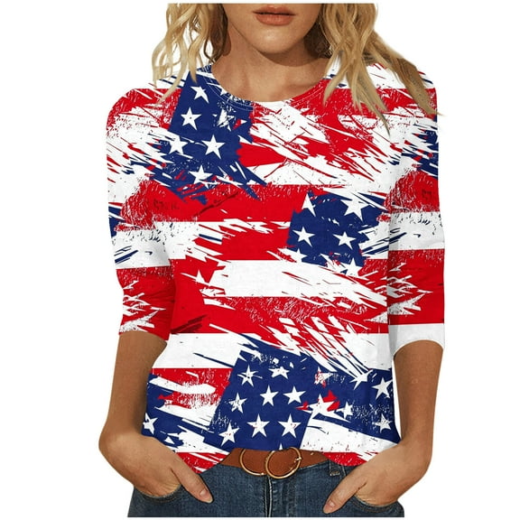 cocolona 4th of July Shirts Women Summer Crew Neck 3/4 Sleeve Tops America Flag Print Patriotic T-shirts Blouse Graphic Tees