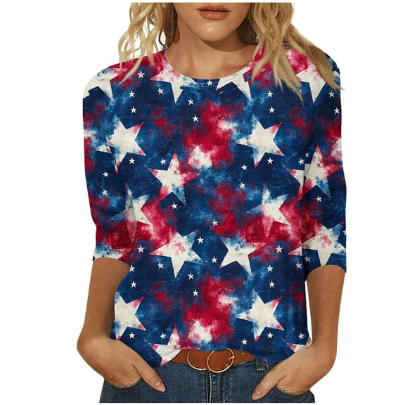 cocolona 4th of July Shirts Women Summer Crew Neck 3/4 Sleeve Tops America Flag Print Patriotic T-shirts Blouse Graphic Tees