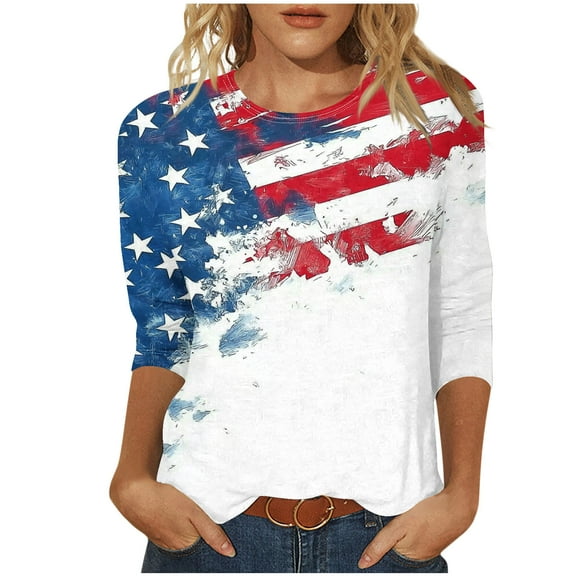 cocolona 4th of July Shirts Women Summer Crew Neck 3/4 Sleeve Tops America Flag Print Patriotic T-shirts Blouse Graphic Tees