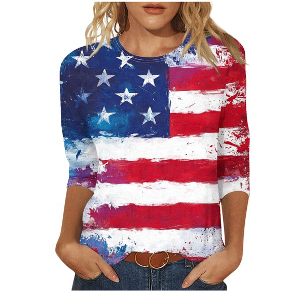 cocolona 4th of July Shirts Women Summer Crew Neck 3/4 Sleeve Tops America Flag Print Patriotic T-shirts Blouse Graphic Tees