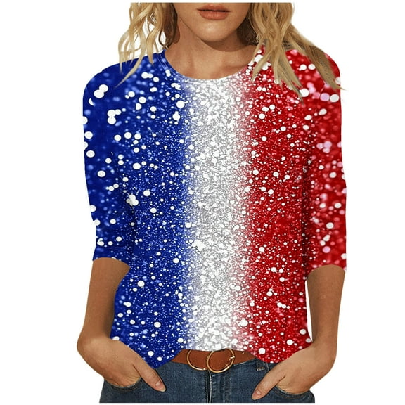 cocolona 4th of July Shirts Women Summer Crew Neck 3/4 Sleeve Tops America Flag Print Patriotic T-shirts Blouse Graphic Tees