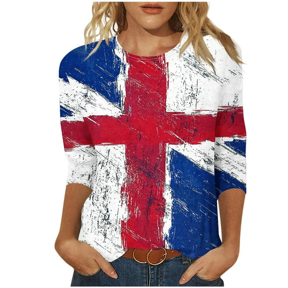 cocolona 4th of July Shirts Women Summer Crew Neck 3/4 Sleeve Tops America Flag Print Patriotic T-shirts Blouse Graphic Tees