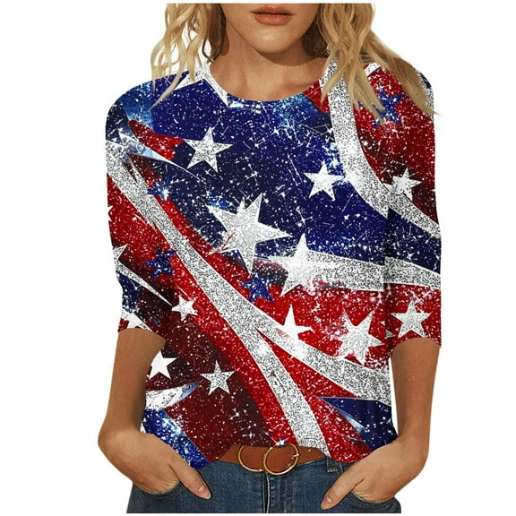 cocolona 4th of July Shirts Women Summer Crew Neck 3/4 Sleeve Tops America Flag Print Patriotic T-shirts Blouse Graphic Tees