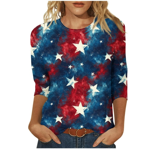 cocolona 4th of July Shirts Women Summer Crew Neck 3/4 Sleeve Tops America Flag Print Patriotic T-shirts Blouse Graphic Tees
