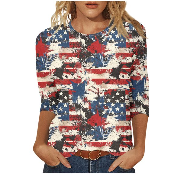 cocolona 4th of July Shirts Women Summer Crew Neck 3/4 Sleeve Tops America Flag Print Patriotic T-shirts Blouse Graphic Tees