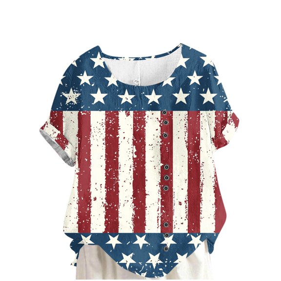 cocolona 4th of July Shirts for Women USA Flag Print Patriotic T-shirts Summer Crew Neck Short Sleeve Button Tops Blouse Graphic Tees