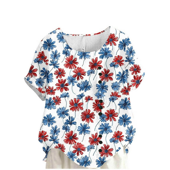 cocolona 4th of July Shirts for Women USA Flag Print Patriotic T-shirts Summer Crew Neck Short Sleeve Button Tops Blouse Graphic Tees