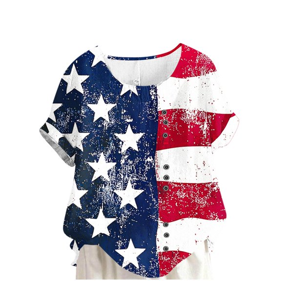 cocolona 4th of July Shirts for Women USA Flag Print Patriotic T-shirts Summer Crew Neck Short Sleeve Button Tops Blouse Graphic Tees
