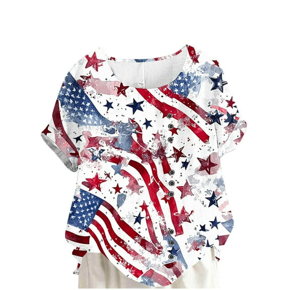 cocolona 4th of July Shirts for Women USA Flag Print Patriotic T-shirts Summer Crew Neck Short Sleeve Button Tops Blouse Graphic Tees