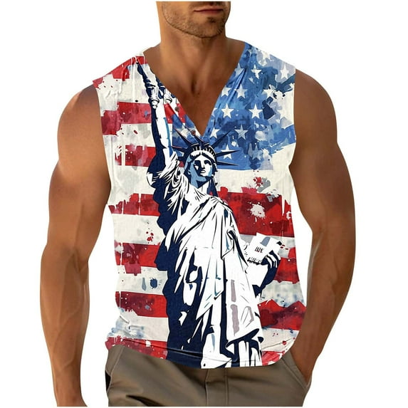 cocolona Mens Summer Casual Tank Tops Fashion Button V Neck Sleeveless Patriotic T-Shirts Lightweight Comfy Independence Day Tees