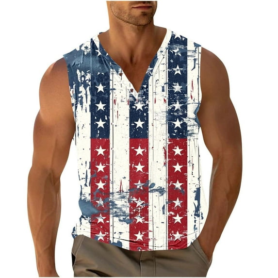 cocolona Mens Summer Casual Tank Tops Fashion Button V Neck Sleeveless Patriotic T-Shirts Lightweight Comfy Independence Day Tees