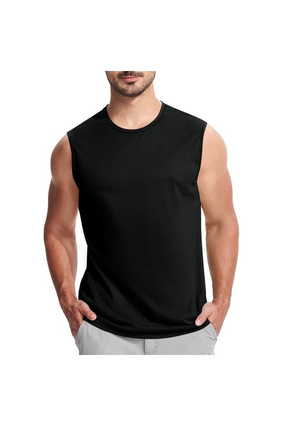 Mens Summer Solid Color Tank Tops Crew Neck Sleeveless T-shirts Casual Lightweight Tank Tops Black XL
