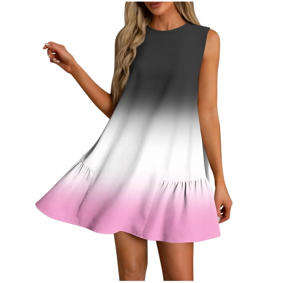 cocolona Summer Sleeveless Mini Dress Crew Neck Ruffle Flowy Tank Dress Fashion Casual Gradient Color Holiday Beach Sundress S