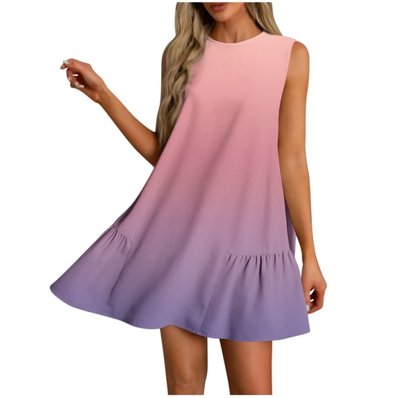 cocolona Summer Sleeveless Mini Dress Crew Neck Ruffle Flowy Tank Dress Fashion Casual Gradient Color Holiday Beach Sundress S
