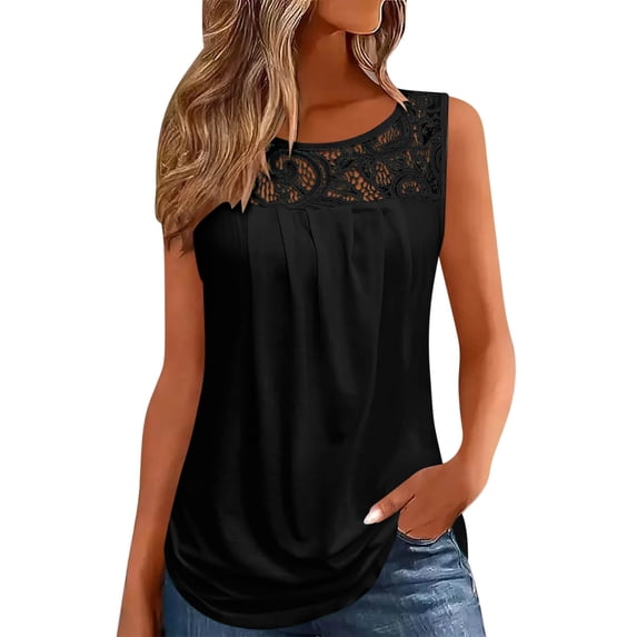 cocolona Summer Tank Tops for Women Fashion Solid Color Lace Shirts Crew Neck Front Pleated Loose T-shirt Blouse L