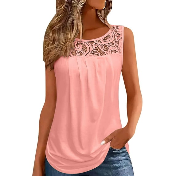 cocolona Summer Tank Tops for Women Fashion Solid Color Lace Shirts Crew Neck Front Pleated Loose T-shirt Blouse L