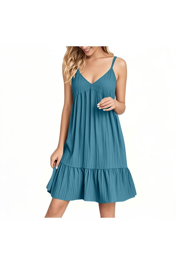 Sundress for Women 2025 -Spaghetti Strap V Neck Mini Dress Pleated Ruffle Flowy Vacation Beach Boho Dress XL