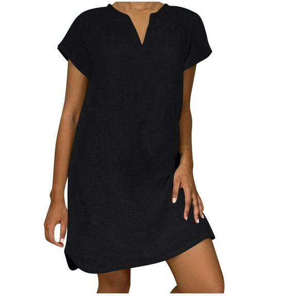 cocolona Women's Summer Plus Size Linen Dress V Neck Short Sleeve Solid Casual Loose Midi Dress Hawaiian Beach Sun Dress Black 3XL