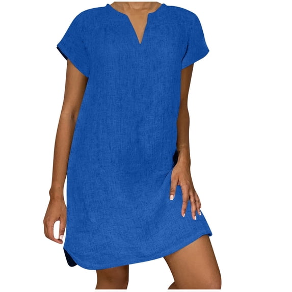 cocolona Women's Summer Plus Size Linen Dress V Neck Short Sleeve Solid Casual Loose Midi Dress Hawaiian Beach Sun Dress Blue XXL