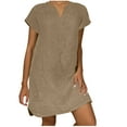 thumbnail image 1 of cocolona Women's Summer Plus Size Linen Dress V Neck Short Sleeve Solid Casual Loose Midi Dress Hawaiian Beach Sun Dress Khaki M, 1 of 6