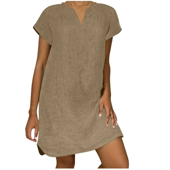 cocolona Women's Summer Plus Size Linen Dress V Neck Short Sleeve Solid Casual Loose Midi Dress Hawaiian Beach Sun Dress Khaki M