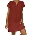 thumbnail image 1 of cocolona Women's Summer Plus Size Linen Dress V Neck Short Sleeve Solid Casual Loose Midi Dress Hawaiian Beach Sun Dress Red 4XL, 1 of 5