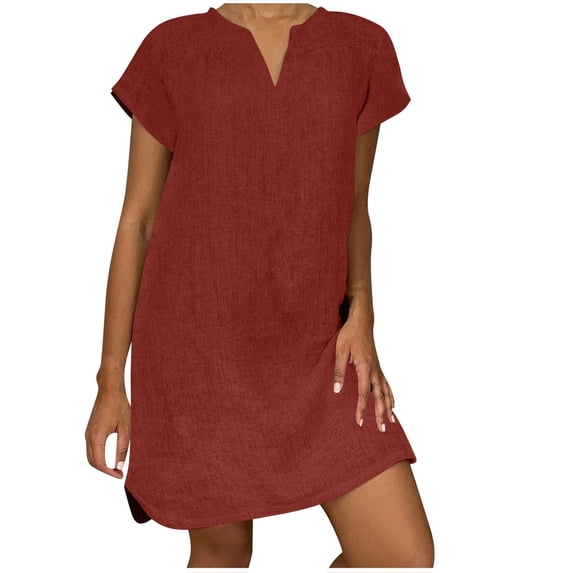 cocolona Women's Summer Plus Size Linen Dress V Neck Short Sleeve Solid Casual Loose Midi Dress Hawaiian Beach Sun Dress Red S