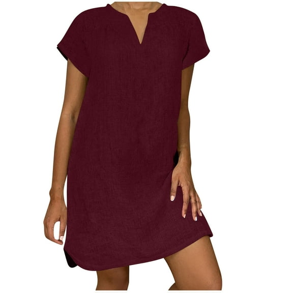 cocolona Women's Summer Plus Size Linen Dress V Neck Short Sleeve Solid Casual Loose Midi Dress Hawaiian Beach Sun Dress Wine 4XL