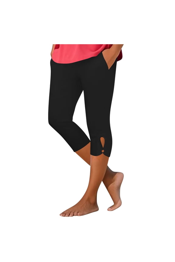 Womens Capri Leggings with Pockets Summer High Waisted Capri Pants Yoga Gym Workout Pants Black 2XL
