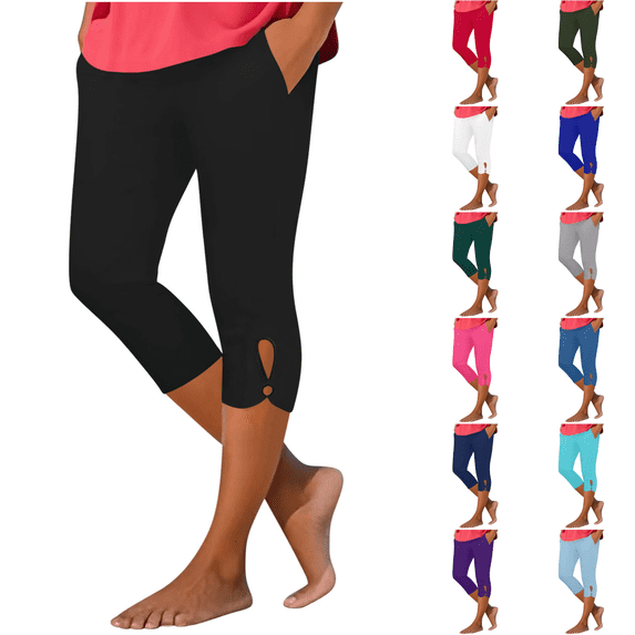 cocolona Womens Capri Leggings with Pockets Summer High Waisted Capri Pants Yoga Gym Workout Pants Black XL