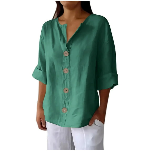 cocolona Womens Plus Size 3/4 Sleeve Linen Shirts Summer V Neck Button Solid Tops Trendy Casual Loose Blouses Green# 2XL