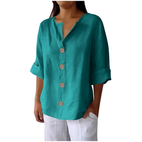 cocolona Womens Plus Size 3/4 Sleeve Linen Shirts Summer V Neck Button Solid Tops Trendy Casual Loose Blouses Navy# S