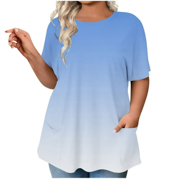 cocolona Womens Plus Size Casual Blouses Summer Short Sleeve Crew Neck Tops Fashion Gradient Color Oversized T-shirts with Pockets Blue# 5XL