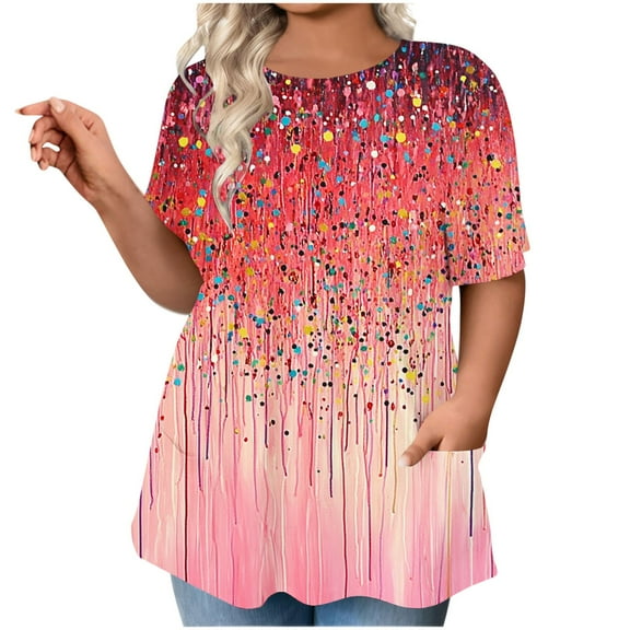 cocolona Womens Plus Size Casual Blouses Summer Short Sleeve Crew Neck Tops Fashion Print Oversized T-shirts with Pockets Hot Pink 5XL