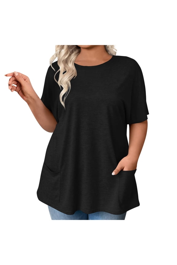 Womens Plus Size Casual Blouses Summer Short Sleeve Crew Neck Tops Fashion Solid Color Oversized T-shirts with Pockets Black 2XL