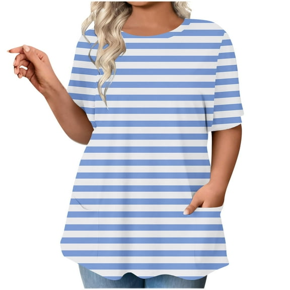 cocolona Womens Plus Size Casual Blouses Summer Short Sleeve Crew Neck Tops Fashion Striped Print Oversized T-shirts with Pockets Light Blue 5XL