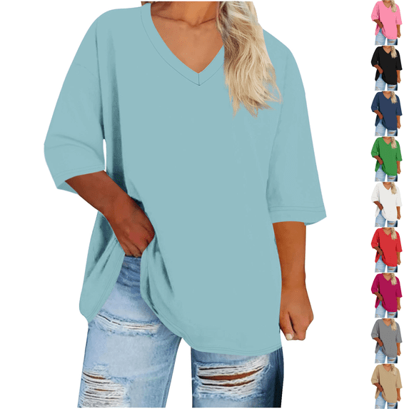 cocolona Womens Plus Size Summer 3/4 Sleeve Tops Oversized V Neck Lightweight T-shirts Fashion Casual Solid Color Blouses