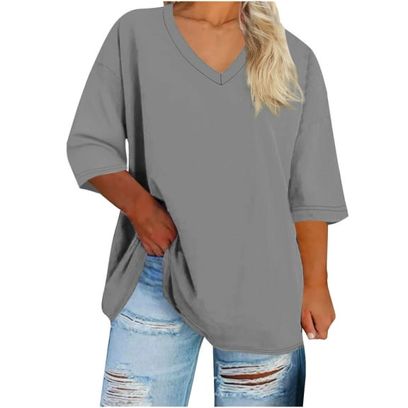 cocolona Womens Plus Size Summer 3/4 Sleeve Tops Oversized V Neck Lightweight T-shirts Fashion Casual Solid Color Blouse 2XL