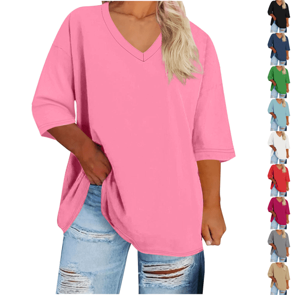 cocolona Womens Plus Size Summer 3/4 Sleeve Tops Oversized V Neck Lightweight T-shirts Fashion Casual Solid Color Blouses