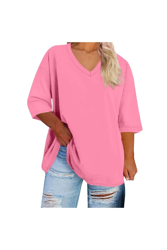 Womens Plus Size Summer 3/4 Sleeve Tops Oversized V Neck Lightweight T-shirts Fashion Casual Solid Color Blouse XL