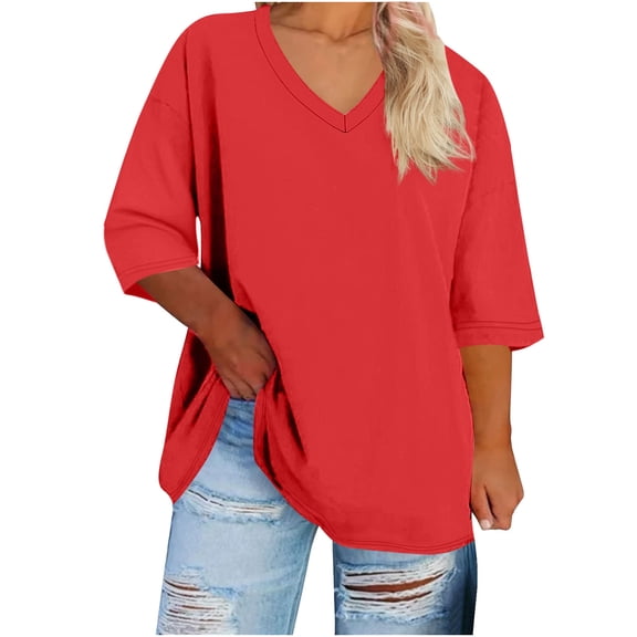 cocolona Womens Plus Size Summer 3/4 Sleeve Tops Oversized V Neck Lightweight T-shirts Fashion Casual Solid Color Blouse XL