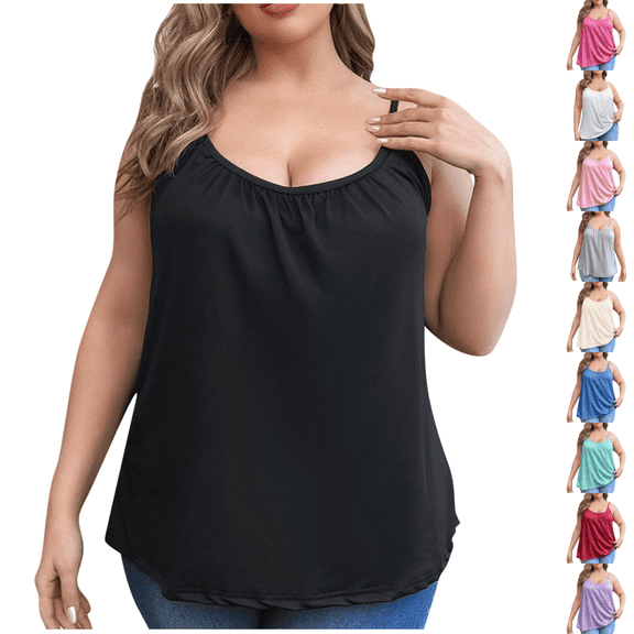 cocolona Womens Plus Size Tank Tops with Built in Bras Summer Casual Sleeveless Camisole Shirts Pleated Tunic Blouses